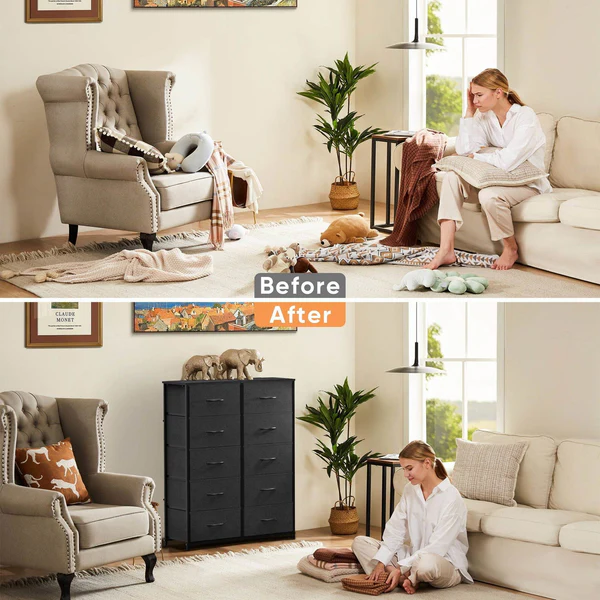diva-finds-bedroom-dresser-organizer-with-drawers-Before-and-after comparison of cluttered vs organized bedroom